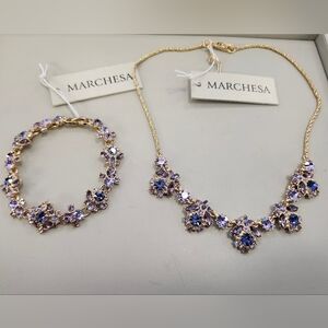 NWT Marchesa Gold-Tone Purple Mixed Crystal Cluster Necklace & Bracelet Set